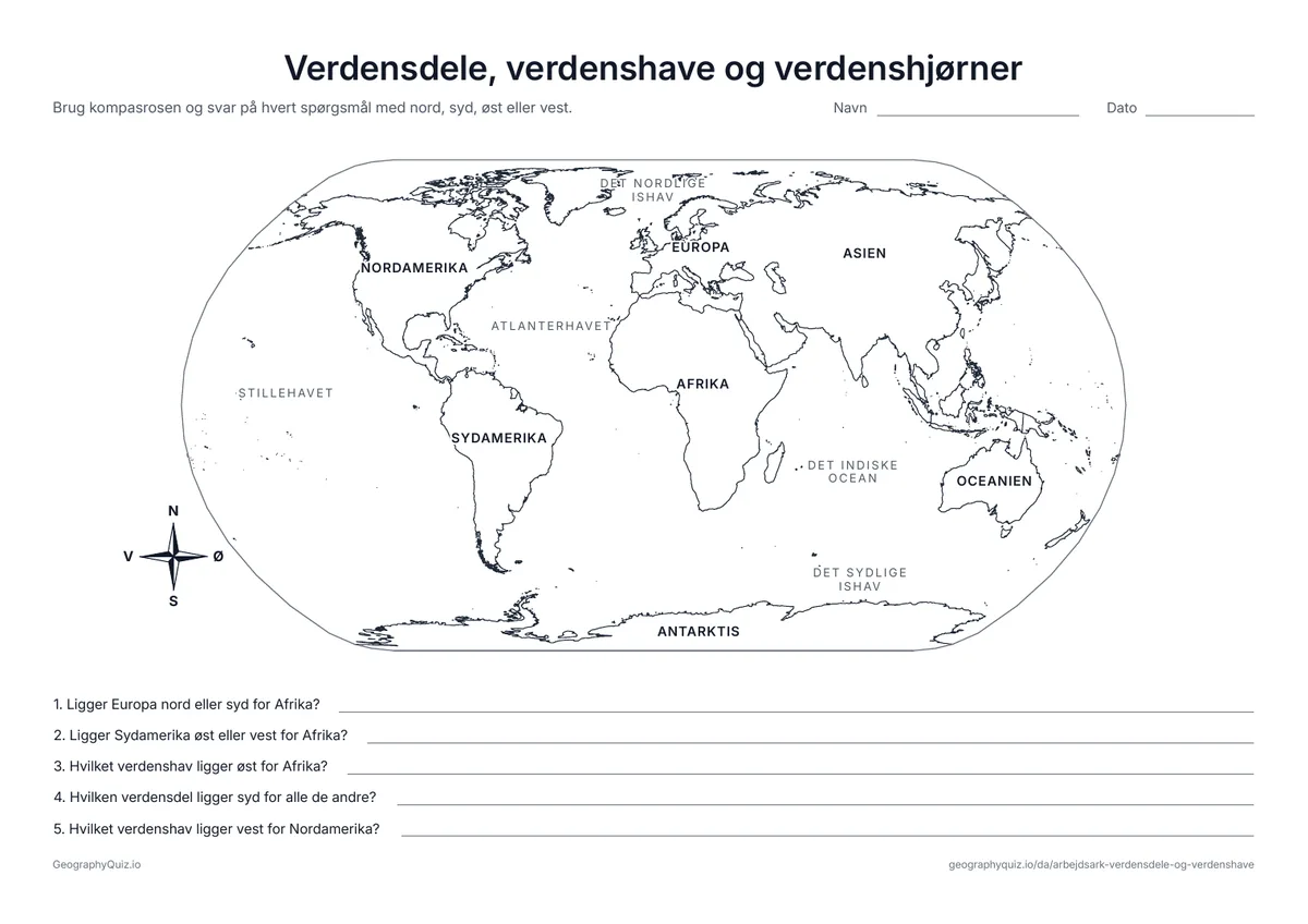 Forhåndsvisning af arbejdsarket »Verdensdele, verdenshave og verdenshjørner« til udskrift: Et verdenskort med navne og kompasrose