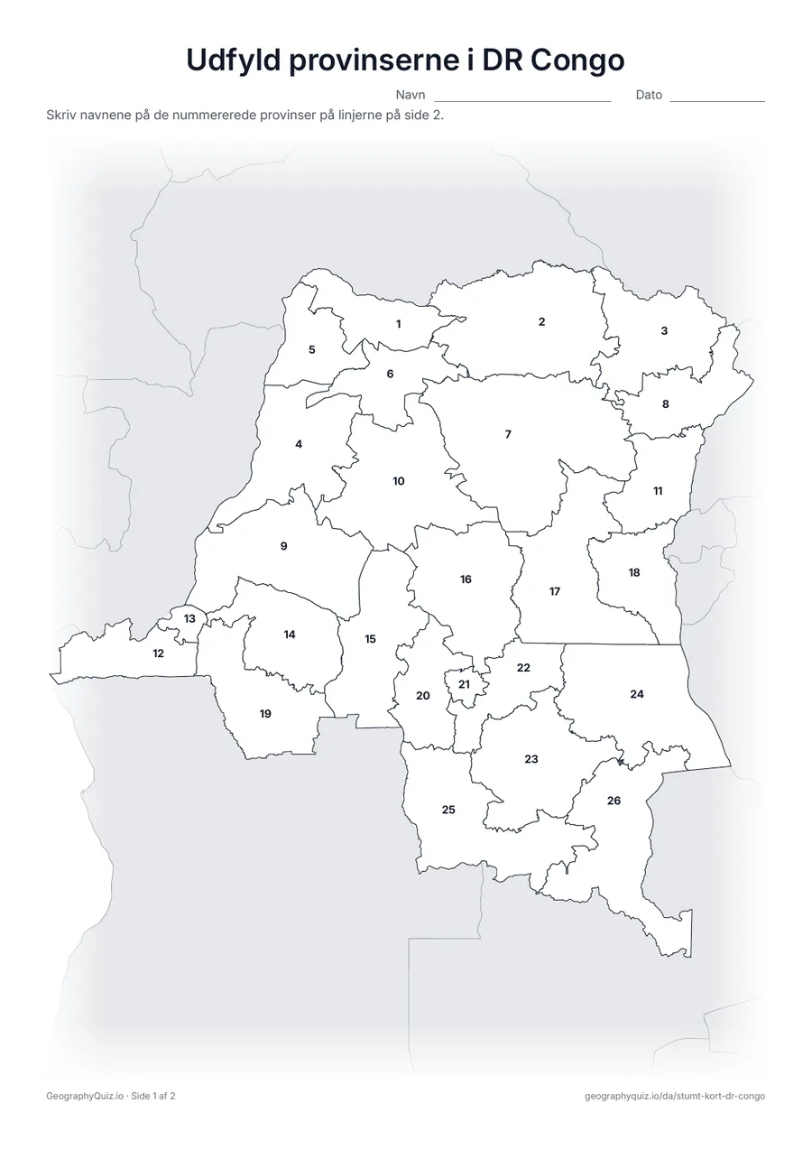 Forhåndsvisning af arbejdsarket »Udfyld provinserne i DR Congo« til udskrift: Alle 25 provinser og byen Kinshasa er nummererede