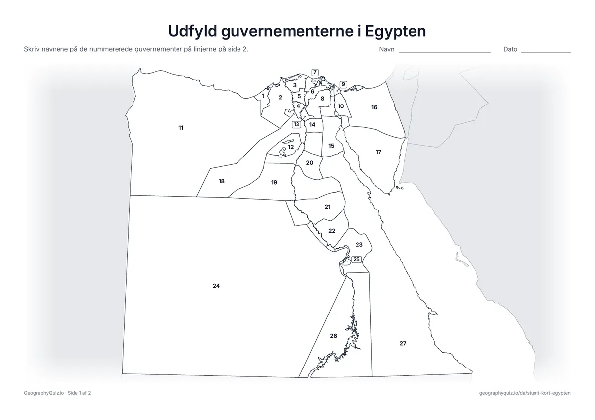 Forhåndsvisning af arbejdsarket »Udfyld guvernementerne i Egypten« til udskrift: Alle 27 guvernementer er nummererede