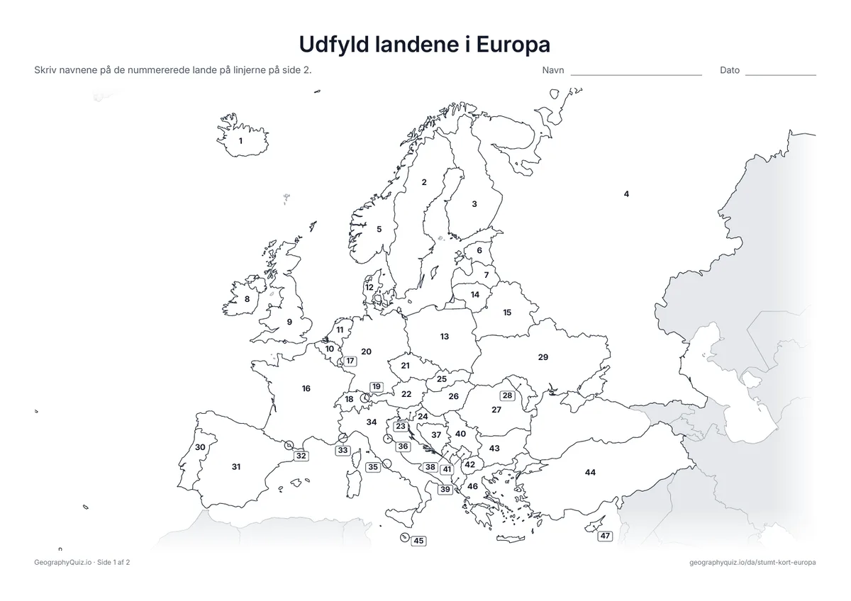 Forhåndsvisning af arbejdsarket »Udfyld landene i Europa« til udskrift: Hvert land i Europa har et nummer