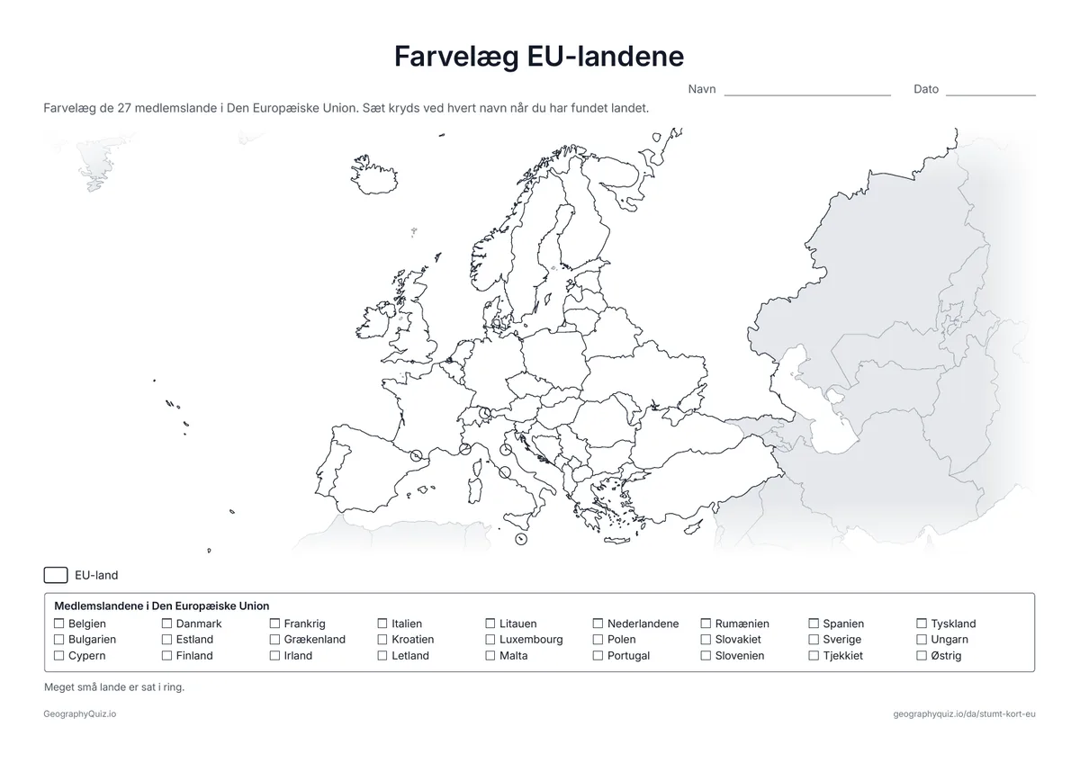 Forhåndsvisning af arbejdsarket »Farvelæg EU-landene« til udskrift: Et stumt kort over Europa med en liste over de 27 EU-lande at sætte kryds ved