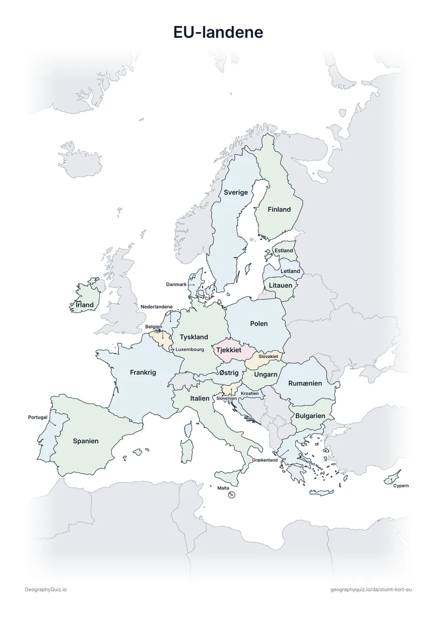 Forhåndsvisning af arbejdsarket »EU-landene« til udskrift: Det samme kort med navnene på alle 27 lande – til undervisning, repetition eller til at rette elevernes arbejde