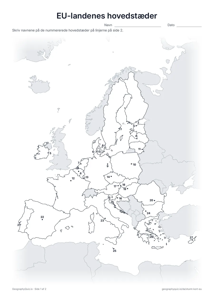 Forhåndsvisning af arbejdsarket »EU-landenes hovedstæder« til udskrift: Hver hovedstad er markeret med et nummereret punkt