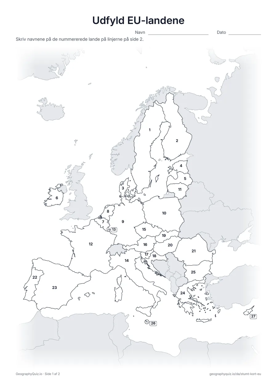 Forhåndsvisning af arbejdsarket »Udfyld EU-landene« til udskrift: Alle 27 lande er nummererede