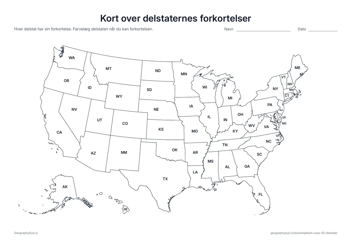Forhåndsvisning af arbejdsarket »Kort over delstaternes forkortelser« til udskrift: Hver delstat med sin forkortelse på to bogstaver, fra AL til WY