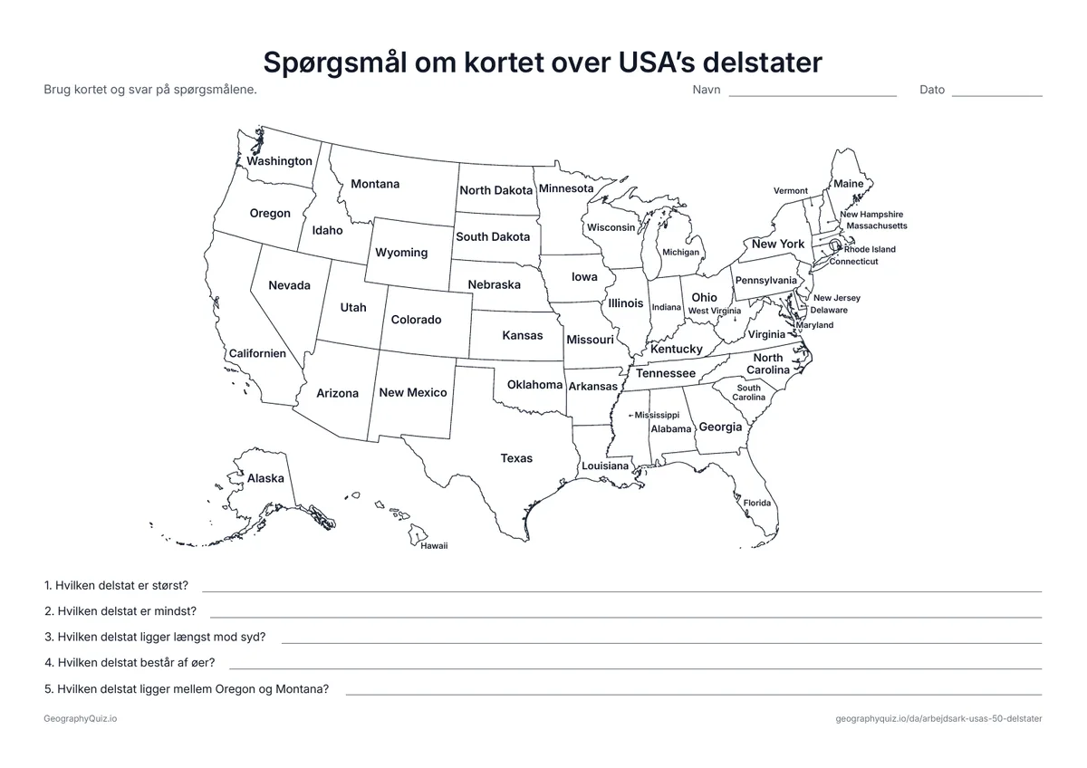 Forhåndsvisning af arbejdsarket »Spørgsmål om kortet over USA’s delstater« til udskrift: Et kort med navne og fem spørgsmål om de største, mindste og fjerneste delstater