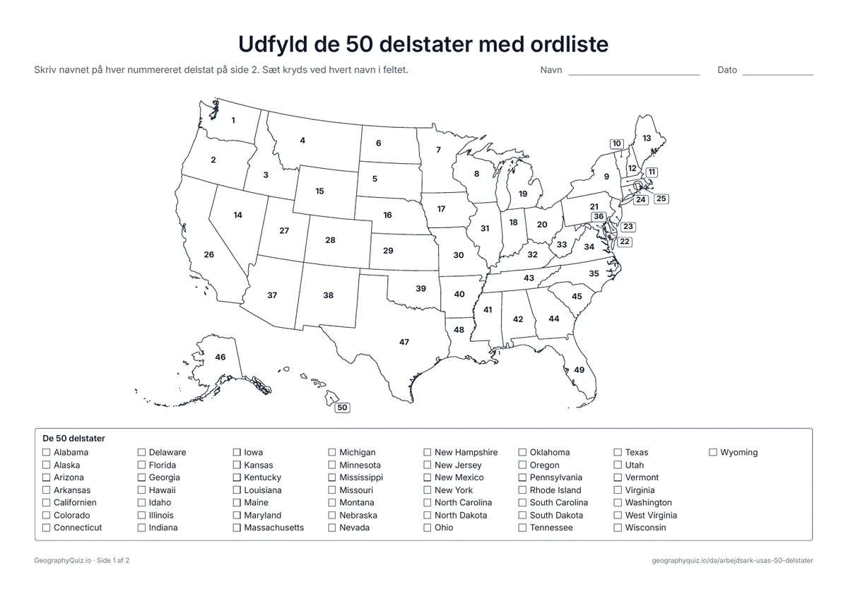 Forhåndsvisning af arbejdsarket »Udfyld de 50 delstater med ordliste« til udskrift: Hver delstat er nummereret