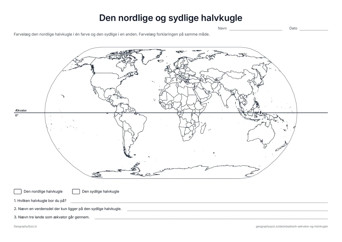 Forhåndsvisning af arbejdsarket »Den nordlige og sydlige halvkugle« til udskrift: Et verdenskort med ækvator tegnet ind