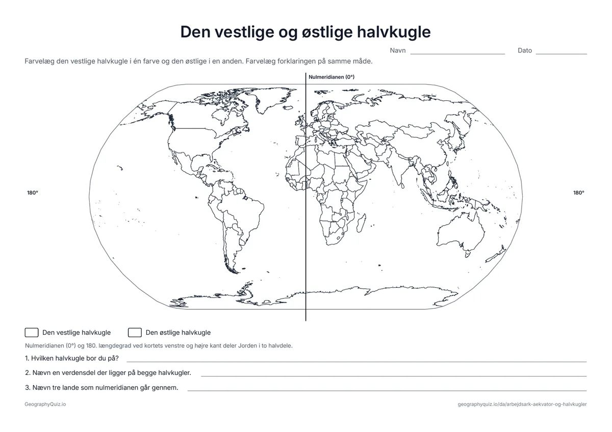 Forhåndsvisning af arbejdsarket »Den vestlige og østlige halvkugle« til udskrift: Et verdenskort med nulmeridianen tegnet ind