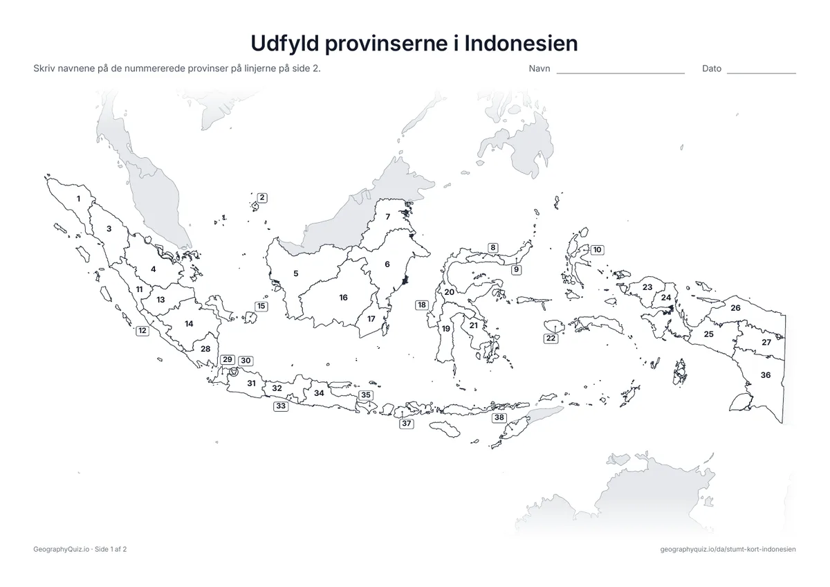 Forhåndsvisning af arbejdsarket »Udfyld provinserne i Indonesien« til udskrift: Alle 38 provinser er nummererede