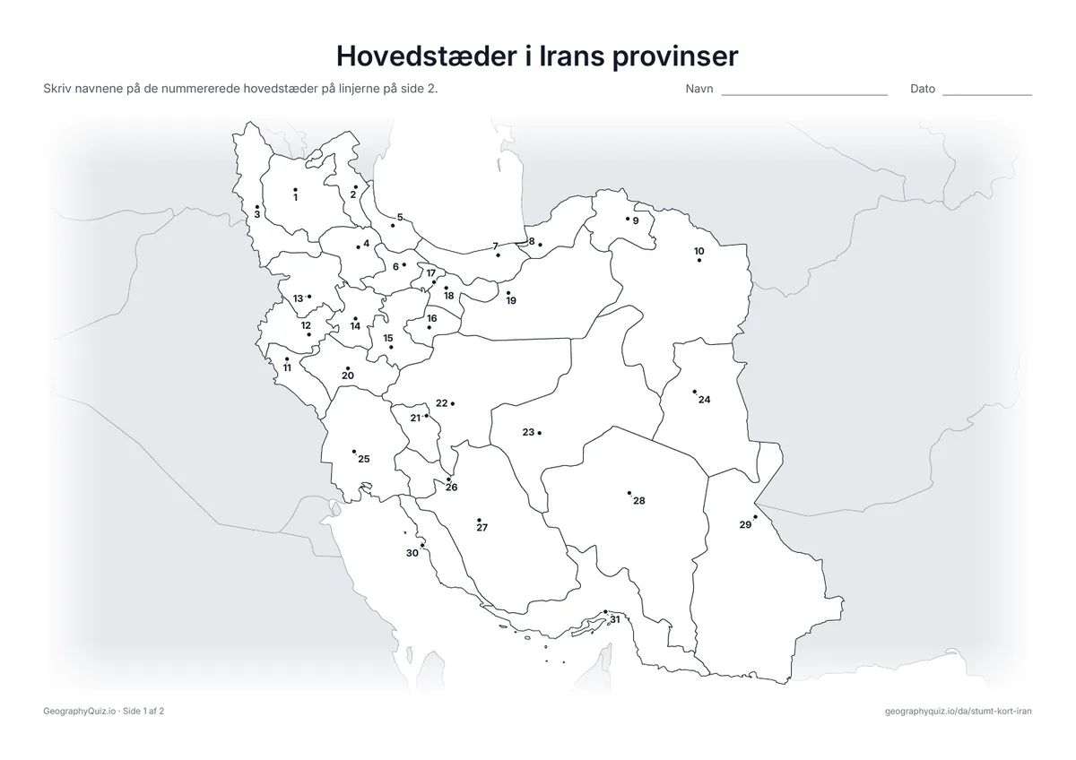 Forhåndsvisning af arbejdsarket »Hovedstæder i Irans provinser« til udskrift: Hver hovedstad er markeret med et nummereret punkt