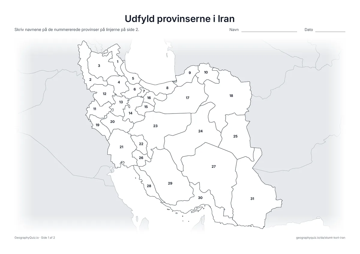 Forhåndsvisning af arbejdsarket »Udfyld provinserne i Iran« til udskrift: Alle 31 provinser er nummererede