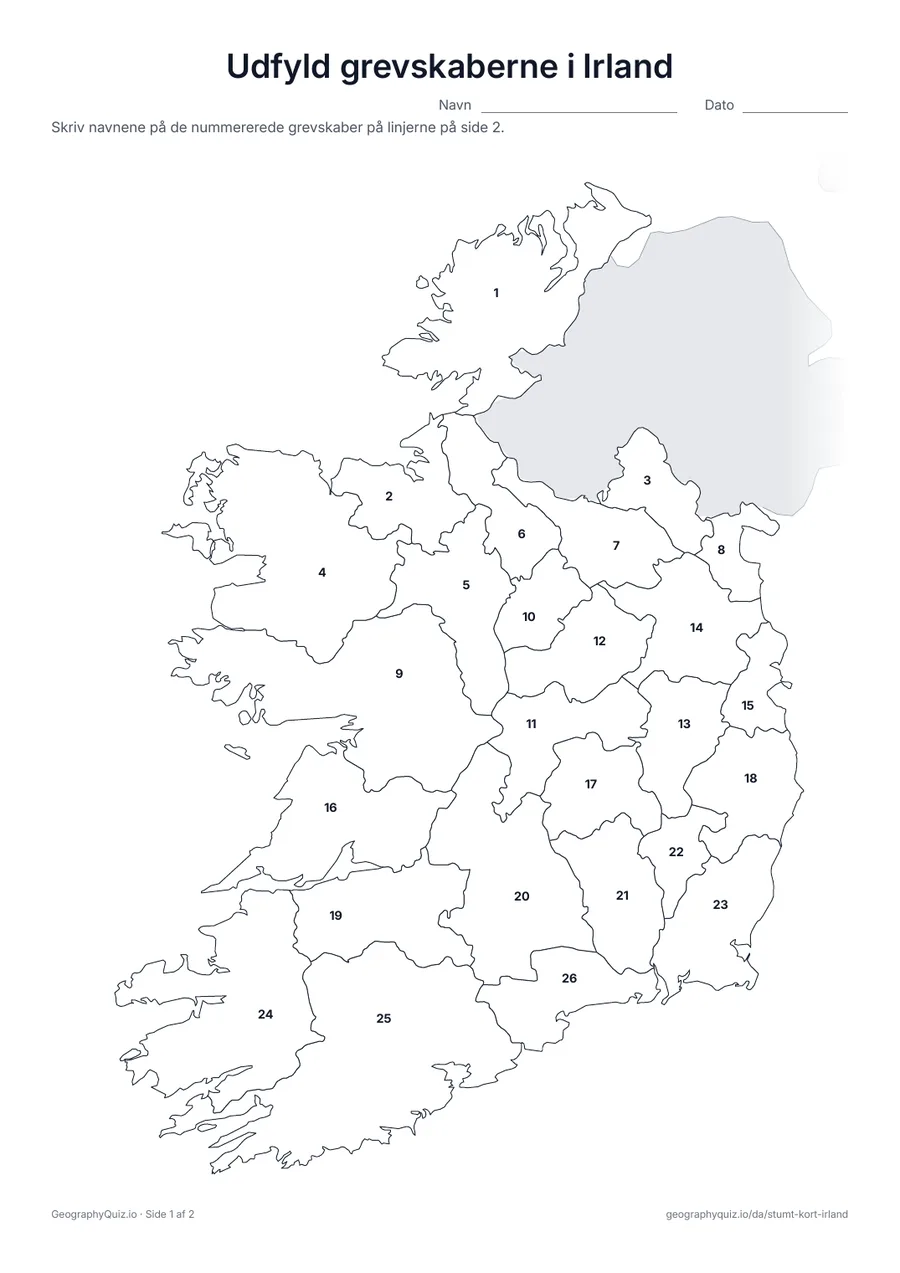 Forhåndsvisning af arbejdsarket »Udfyld grevskaberne i Irland« til udskrift: Alle 26 grevskaber er nummererede