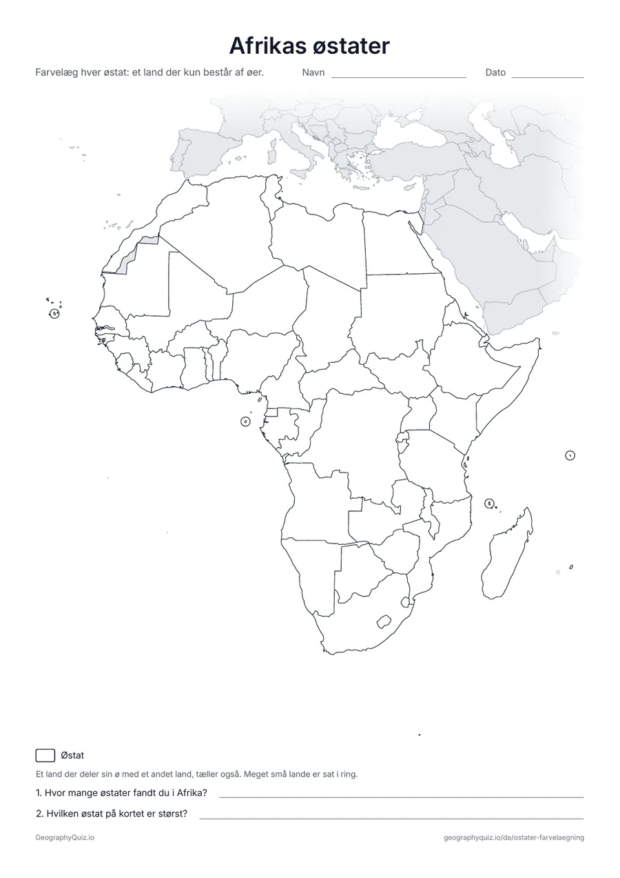 Forhåndsvisning af arbejdsarket »Afrikas østater« til udskrift: Et stumt kort over Afrika; østaterne i Atlanterhavet og Det Indiske Ocean er sat i ring