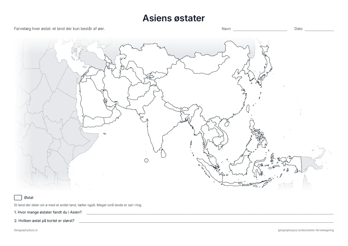 Forhåndsvisning af arbejdsarket »Asiens østater« til udskrift: Et stumt kort over Asien hvor østaterne skal farvelægges, fra Japan til Maldiverne