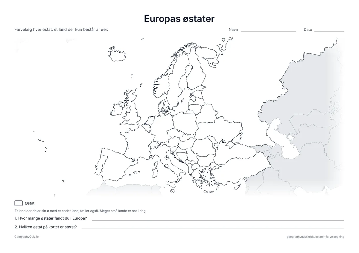 Forhåndsvisning af arbejdsarket »Europas østater« til udskrift: Et stumt kort over Europa hvor østaterne skal farvelægges, fra Island til Cypern
