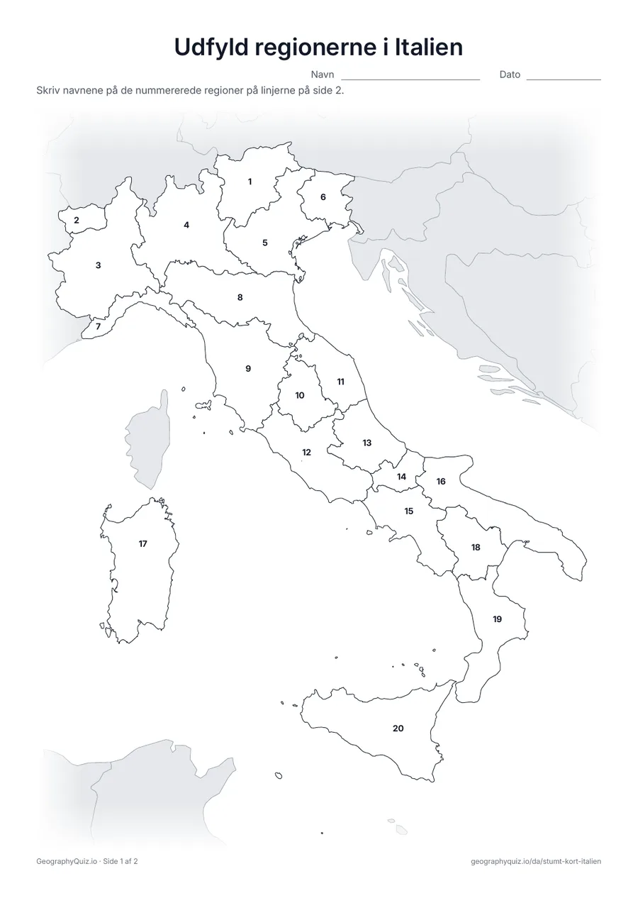 Forhåndsvisning af arbejdsarket »Udfyld regionerne i Italien« til udskrift: Alle 20 regioner er nummererede