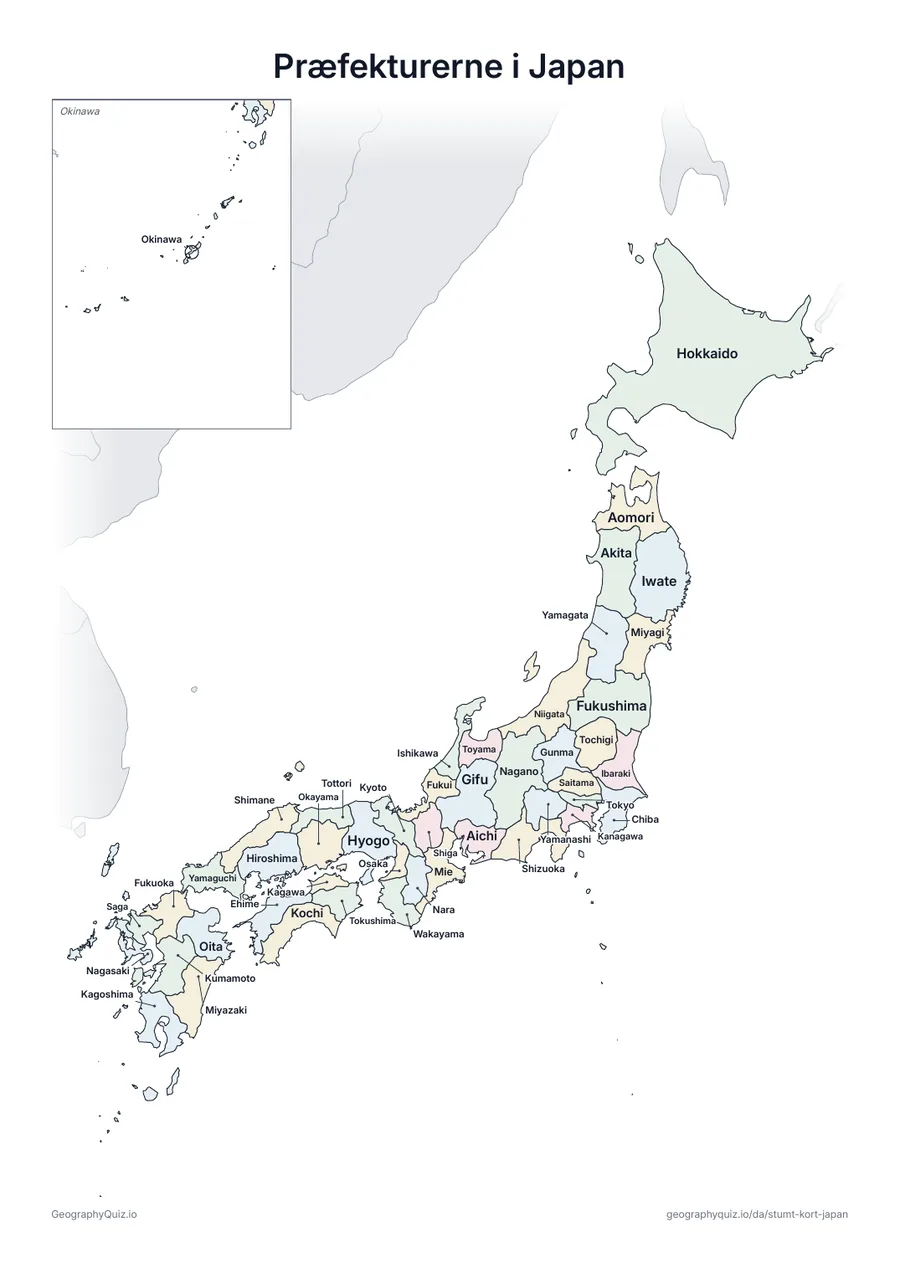 Forhåndsvisning af arbejdsarket »Præfekturerne i Japan« til udskrift: Et kort over Japan med alle navnene skrevet på – et oversigtsark til undervisningen og til at rette svarene