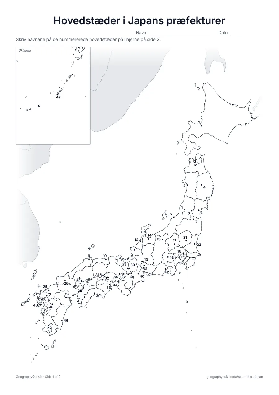 Forhåndsvisning af arbejdsarket »Hovedstæder i Japans præfekturer« til udskrift: Hver hovedstad er markeret med et nummereret punkt