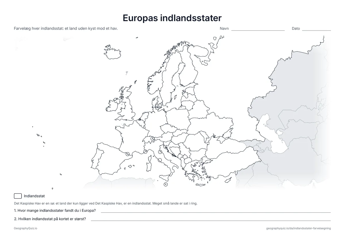 Forhåndsvisning af arbejdsarket »Europas indlandsstater« til udskrift: Et stumt kort over Europa hvor indlandsstaterne skal farvelægges – mikrostaterne medregnet