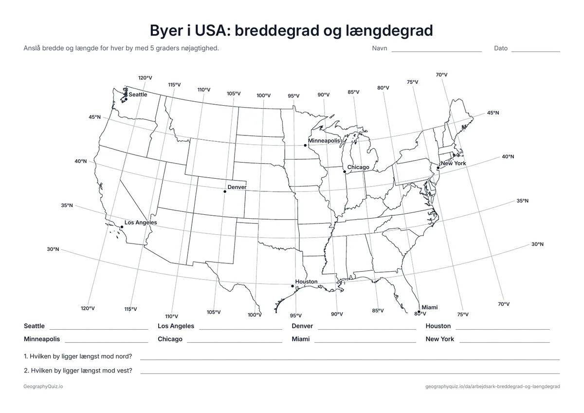 Forhåndsvisning af arbejdsarket »Byer i USA: breddegrad og længdegrad« til udskrift: Et kort over de 48 sammenhængende delstater med linjer for hver 5