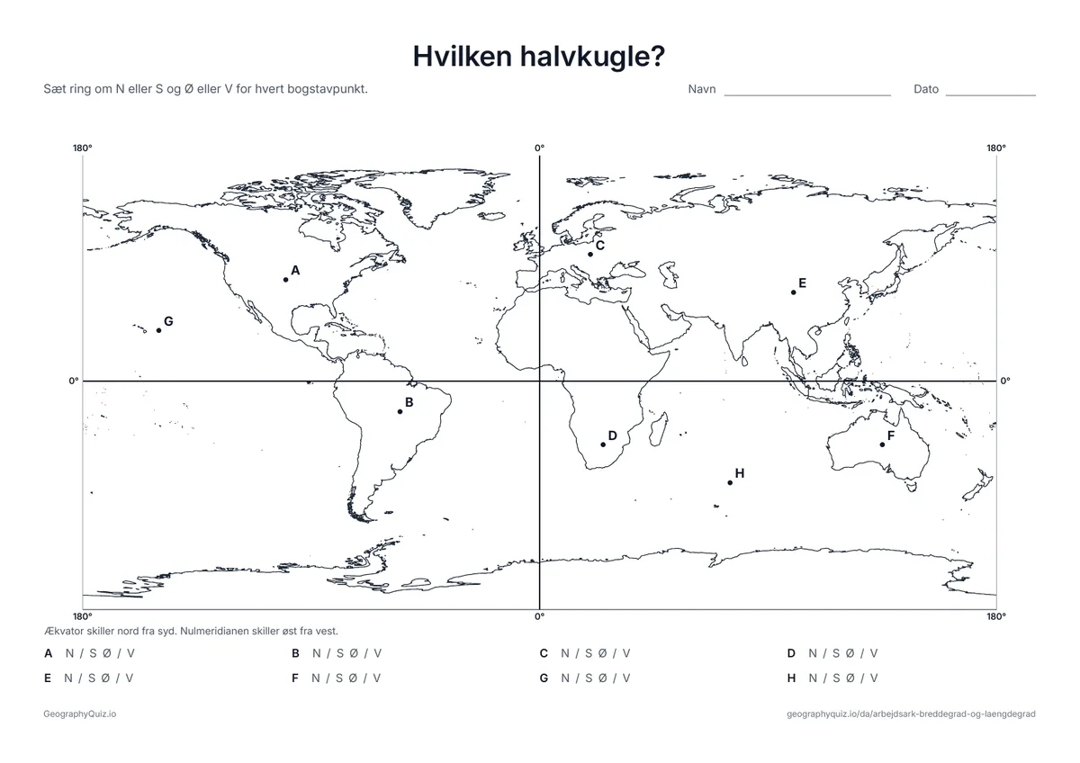 Forhåndsvisning af arbejdsarket »Hvilken halvkugle?« til udskrift: Ækvator og nulmeridianen deler kortet i fire dele