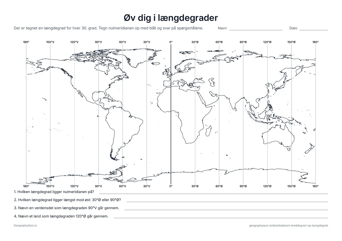 Forhåndsvisning af arbejdsarket »Øv dig i længdegrader« til udskrift: Et verdenskort med en længdegrad for hver 30
