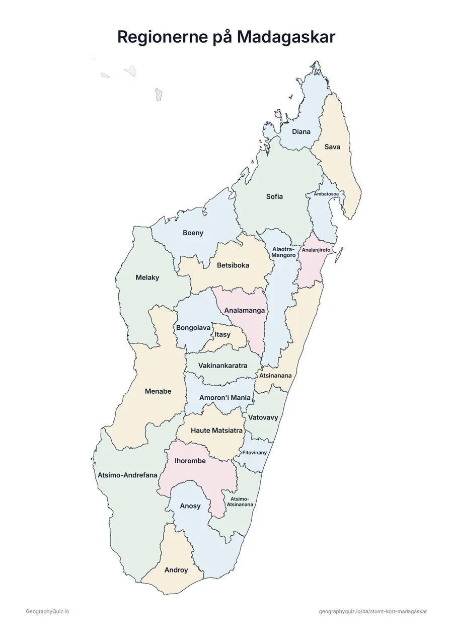 Forhåndsvisning af arbejdsarket »Regionerne på Madagaskar« til udskrift: Et kort over Madagaskar med alle navnene skrevet på – et oversigtsark til undervisningen og til at rette svarene