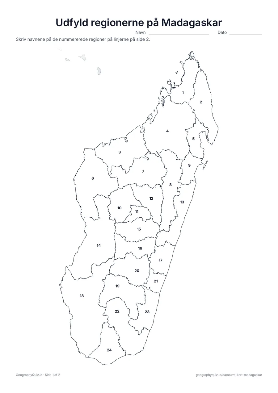 Forhåndsvisning af arbejdsarket »Udfyld regionerne på Madagaskar« til udskrift: Alle 24 regioner er nummererede