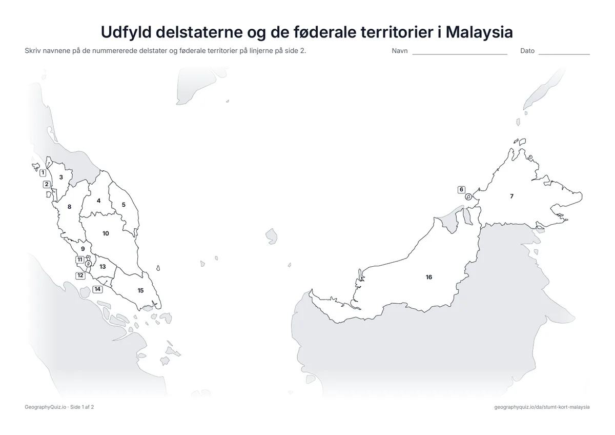 Forhåndsvisning af arbejdsarket »Udfyld delstaterne og de føderale territorier i Malaysia« til udskrift: Alle 13 delstater og 3 føderale territorier er nummererede