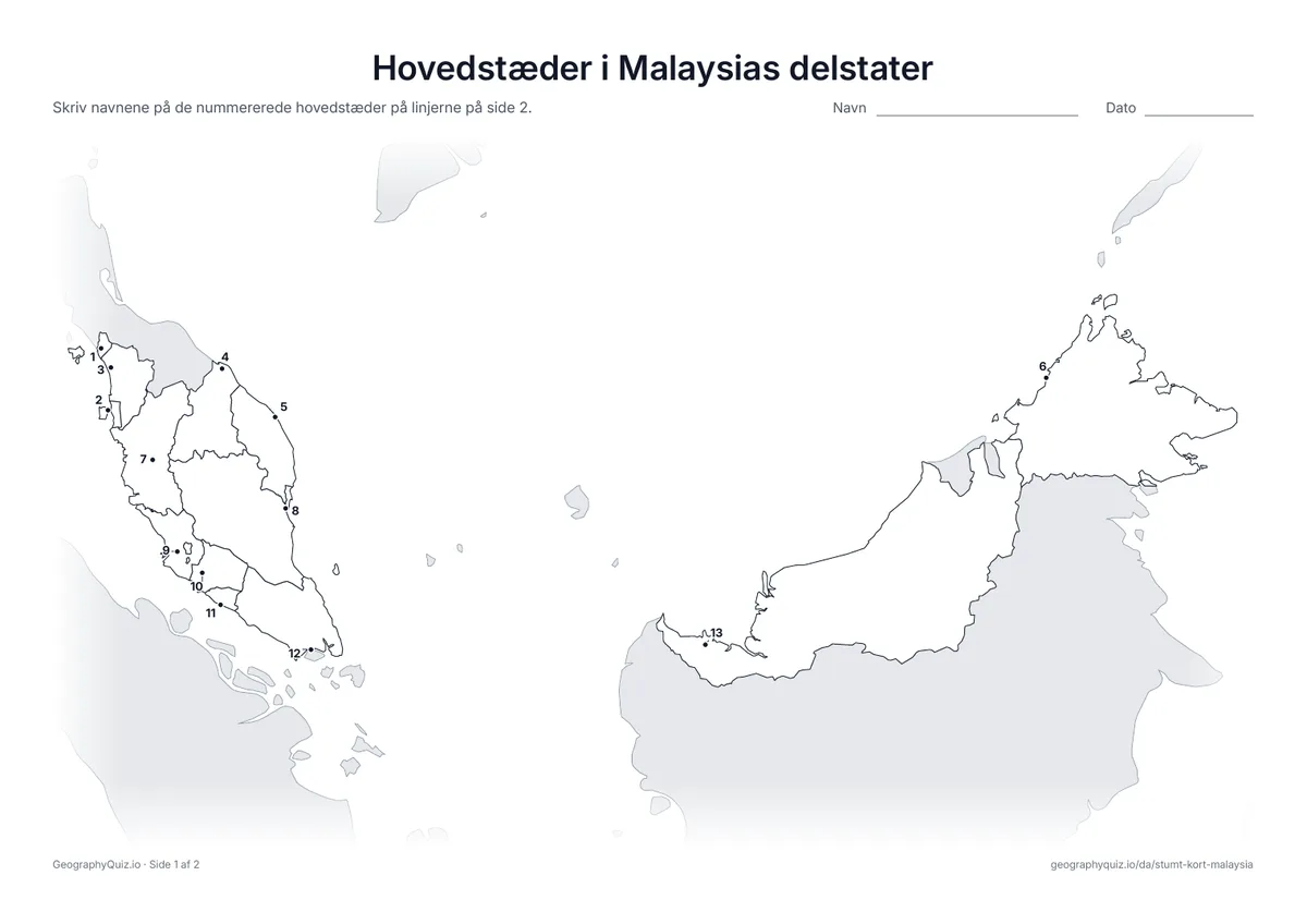 Forhåndsvisning af arbejdsarket »Hovedstæder i Malaysias delstater« til udskrift: Hovedstaden i hver af de 13 delstater er markeret med et nummereret punkt