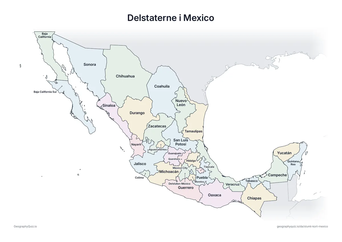 Forhåndsvisning af arbejdsarket »Delstaterne i Mexico« til udskrift: Et kort over Mexico med alle navnene skrevet på – et oversigtsark til undervisningen og til at rette svarene