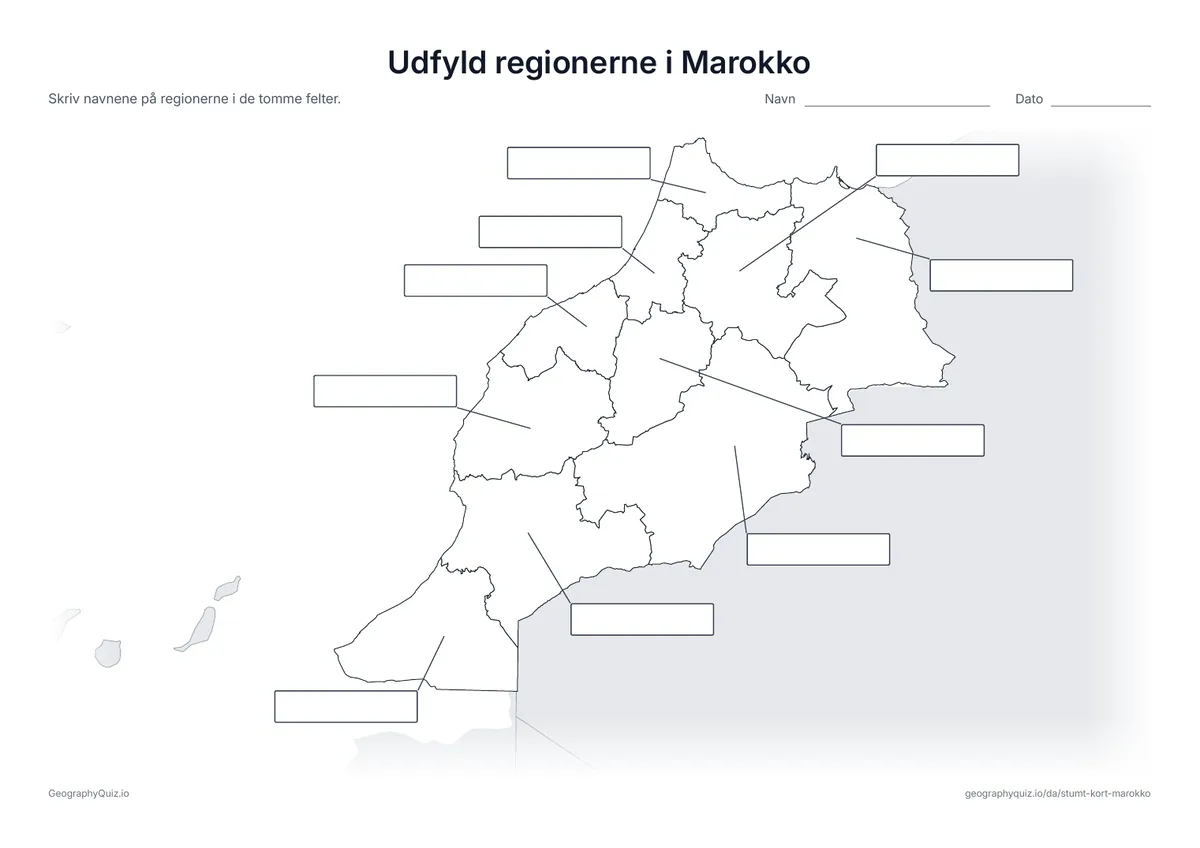 Forhåndsvisning af arbejdsarket »Udfyld regionerne i Marokko« til udskrift: Alle ti regioner er forbundet med en streg til hvert sit tomme svarfelt, som på arket »Udfyld verdensdelene« blandt verdenskortene