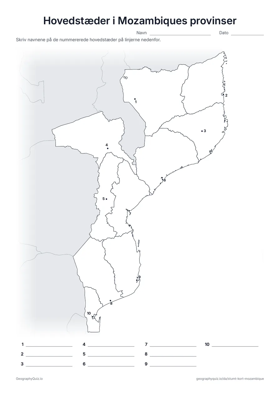 Forhåndsvisning af arbejdsarket »Hovedstæder i Mozambiques provinser« til udskrift: Hovedstaden i hver af de ti provinser er markeret med et nummereret punkt, fra Pemba til Matola