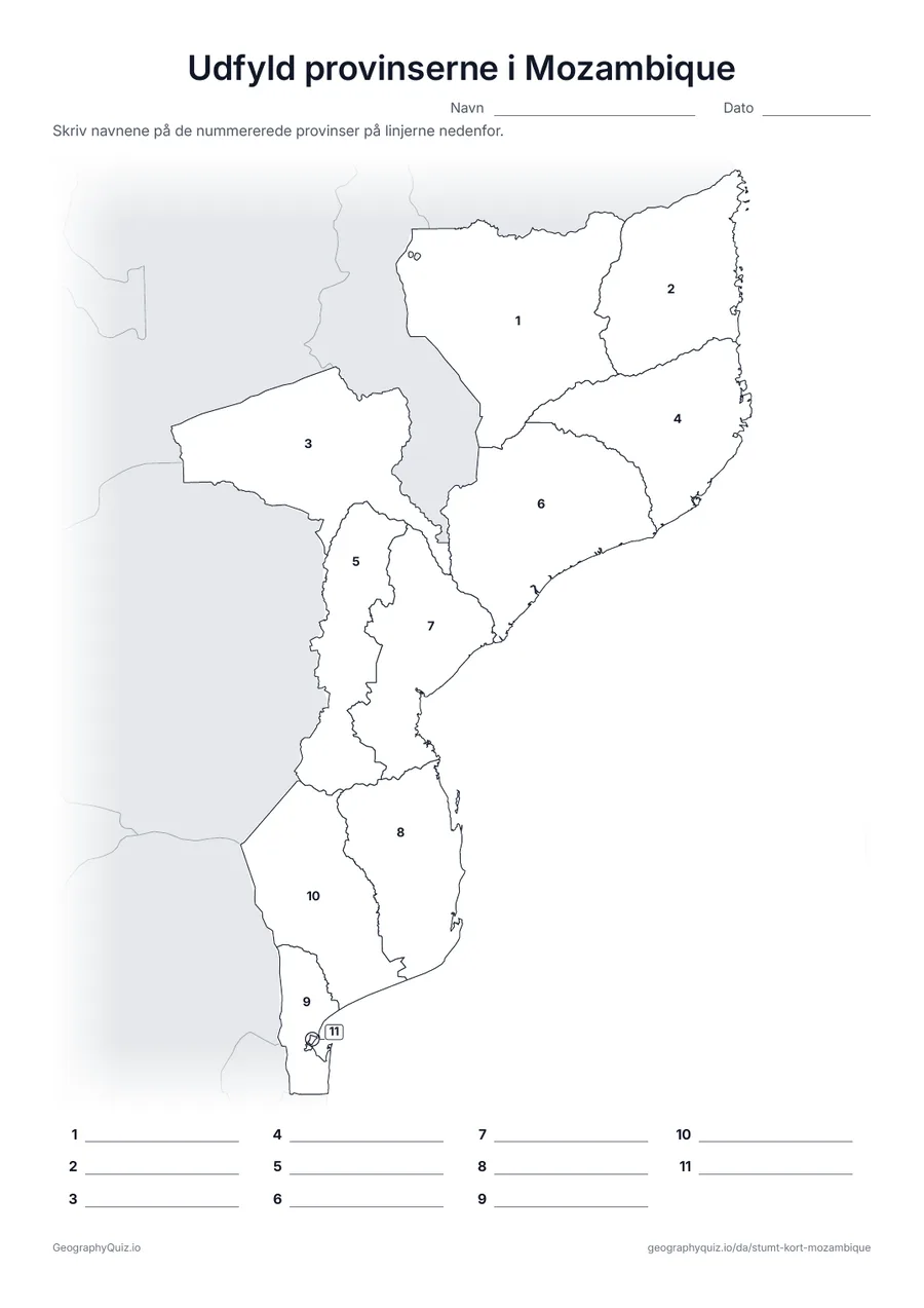 Forhåndsvisning af arbejdsarket »Udfyld provinserne i Mozambique« til udskrift: Alle 10 provinser og byen Maputo er nummererede