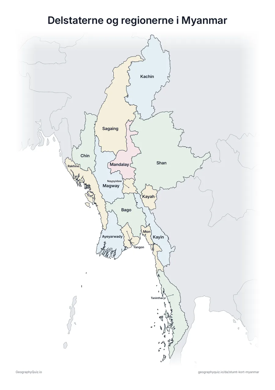 Forhåndsvisning af arbejdsarket »Delstaterne og regionerne i Myanmar« til udskrift: Et kort over Myanmar med alle navnene skrevet på – et oversigtsark til undervisningen og til at rette svarene