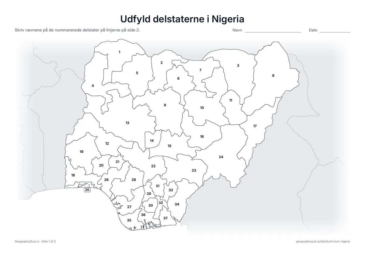 Forhåndsvisning af arbejdsarket »Udfyld delstaterne i Nigeria« til udskrift: Alle 36 delstater og hovedstadsterritoriet er nummererede