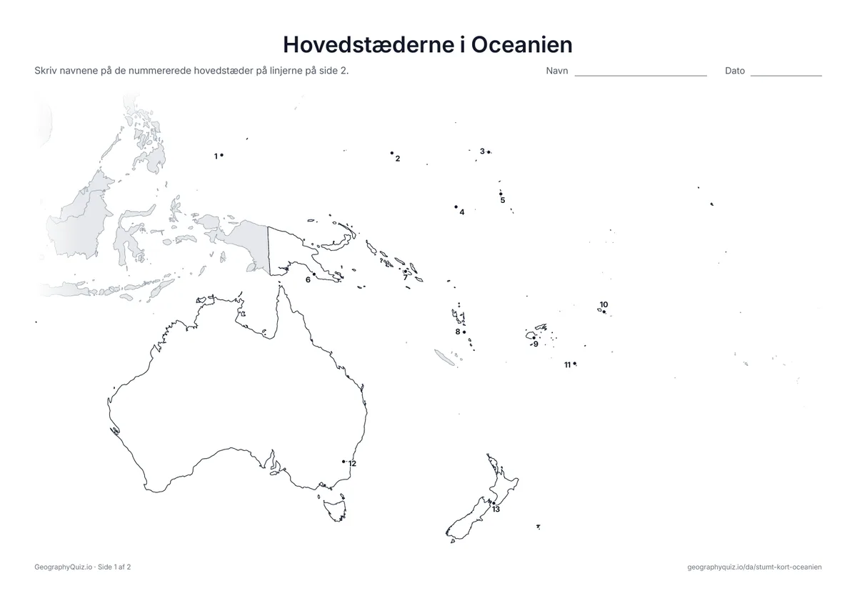 Forhåndsvisning af arbejdsarket »Hovedstæderne i Oceanien« til udskrift: Hver hovedstad er markeret med et nummereret punkt