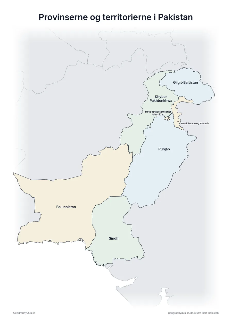 Forhåndsvisning af arbejdsarket »Provinserne og territorierne i Pakistan« til udskrift: Et kort over Pakistan med alle navnene skrevet på – et oversigtsark til undervisningen og til at rette svarene