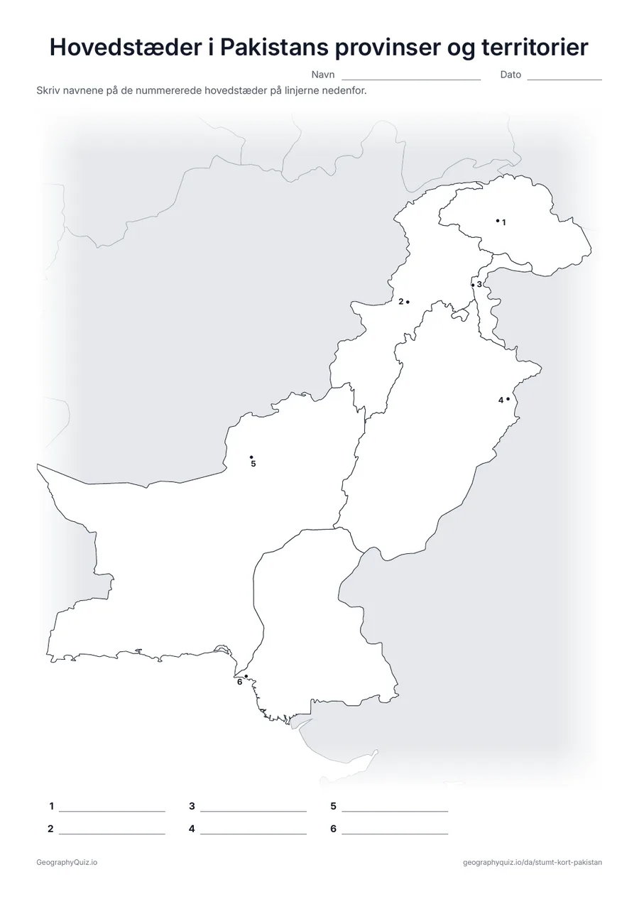 Forhåndsvisning af arbejdsarket »Hovedstæder i Pakistans provinser og territorier« til udskrift: Hovedstaden i hver provins og i Gilgit-Baltistan og Azad Jammu og Kashmir er markeret med et nummereret punkt