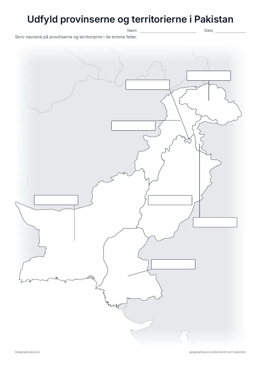 Forhåndsvisning af arbejdsarket »Udfyld provinserne og territorierne i Pakistan« til udskrift: Alle fire provinser og tre territorier er forbundet med en streg til hvert sit tomme svarfelt, som på arket »Udfyld verdensdelene« blandt verdenskortene