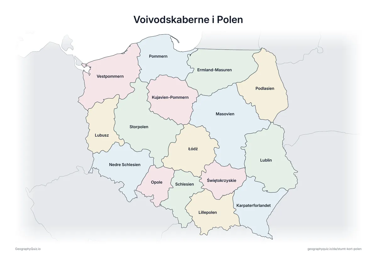 Forhåndsvisning af arbejdsarket »Voivodskaberne i Polen« til udskrift: Et kort over Polen med alle navnene skrevet på – et oversigtsark til undervisningen og til at rette svarene