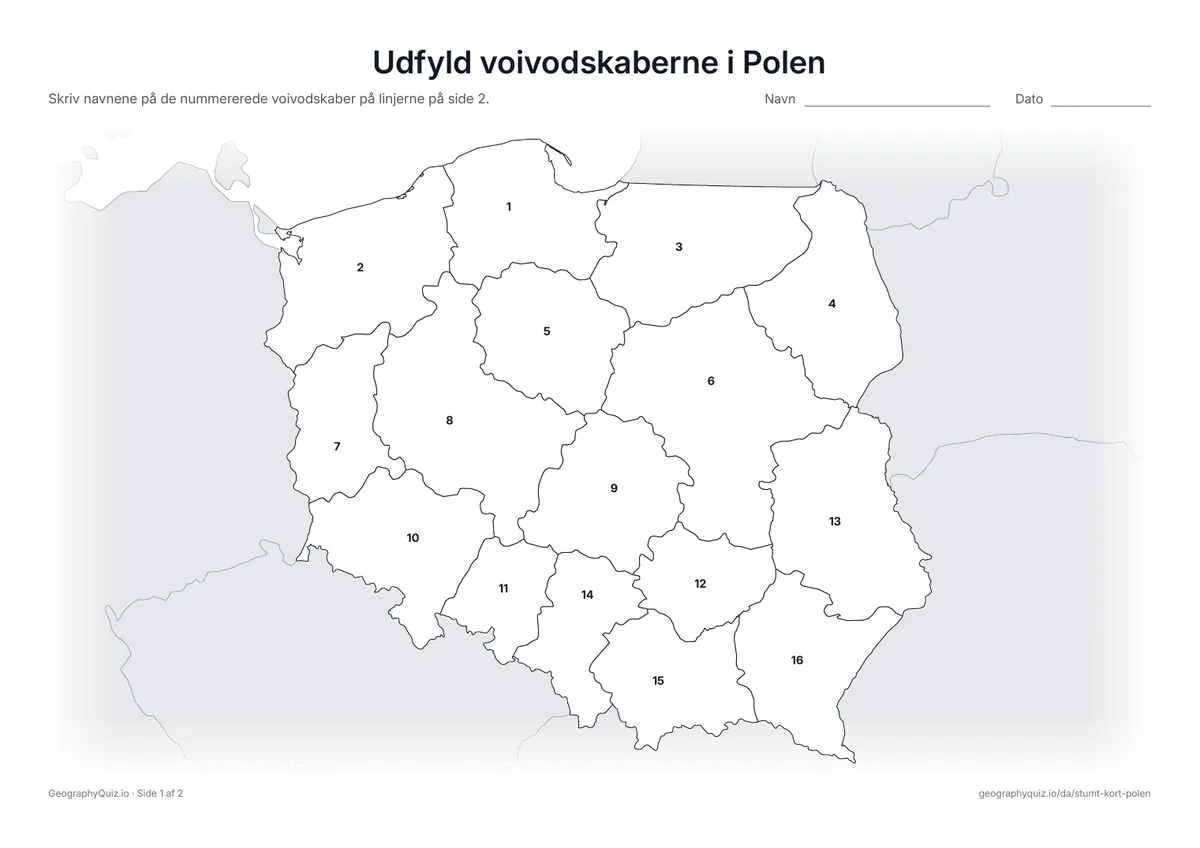 Forhåndsvisning af arbejdsarket »Udfyld voivodskaberne i Polen« til udskrift: Alle 16 voivodskaber er nummererede