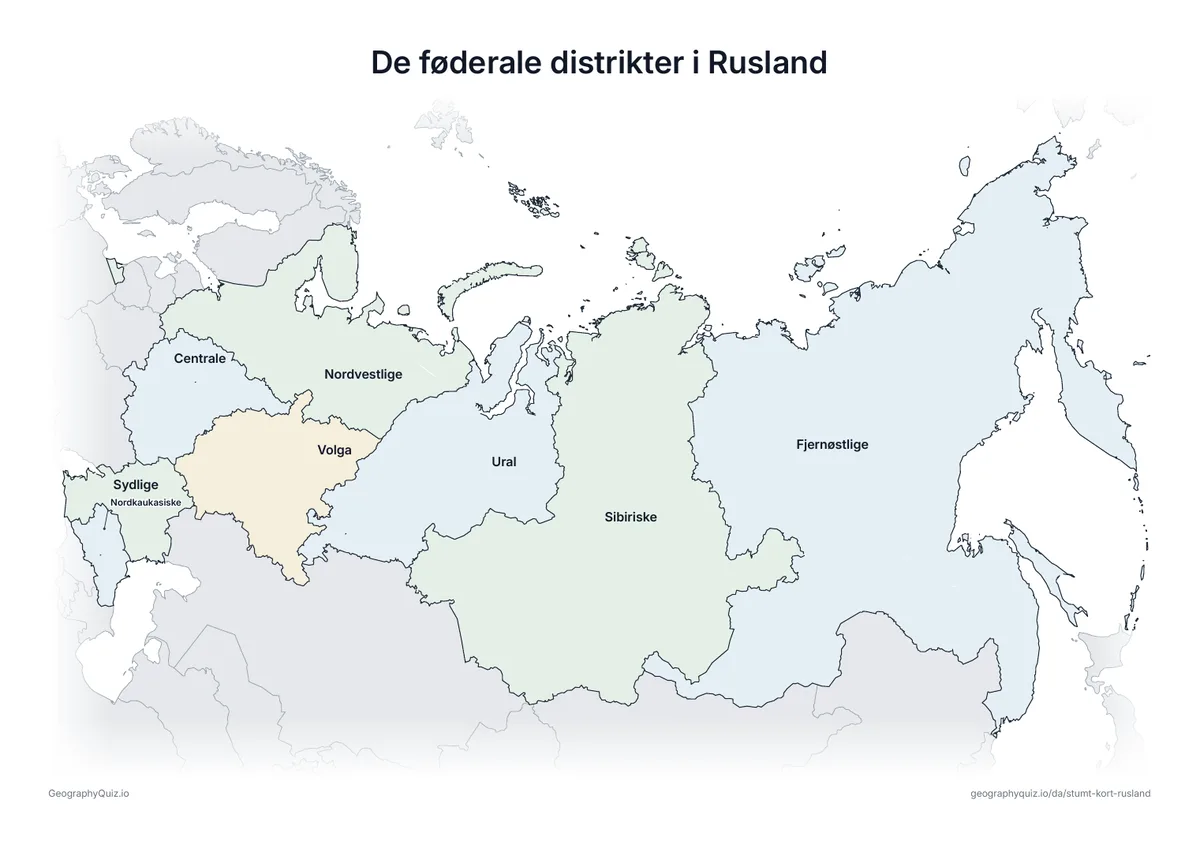 Forhåndsvisning af arbejdsarket »De føderale distrikter i Rusland« til udskrift: Et kort over Rusland med alle navnene skrevet på – et oversigtsark til undervisningen og til at rette svarene