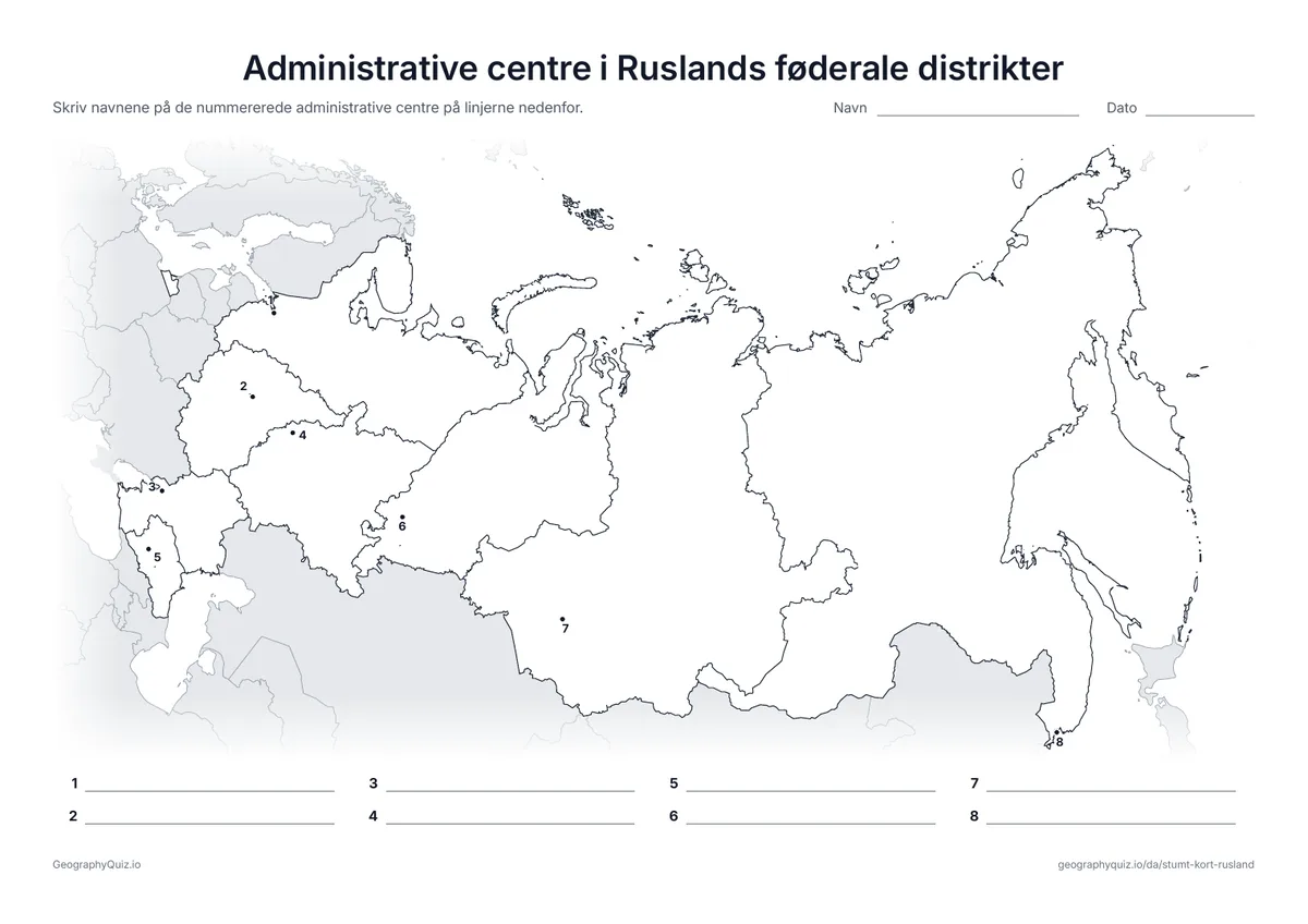 Forhåndsvisning af arbejdsarket »Administrative centre i Ruslands føderale distrikter« til udskrift: Det administrative center i hvert føderalt distrikt er markeret med et nummereret punkt, fra Sankt Petersborg til Vladivostok