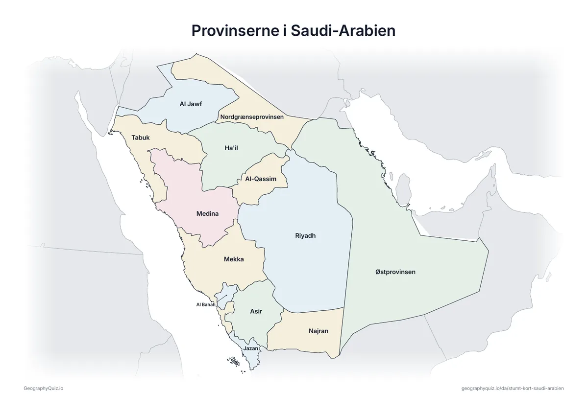 Forhåndsvisning af arbejdsarket »Provinserne i Saudi-Arabien« til udskrift: Et kort over Saudi-Arabien med alle navnene skrevet på – et oversigtsark til undervisningen og til at rette svarene