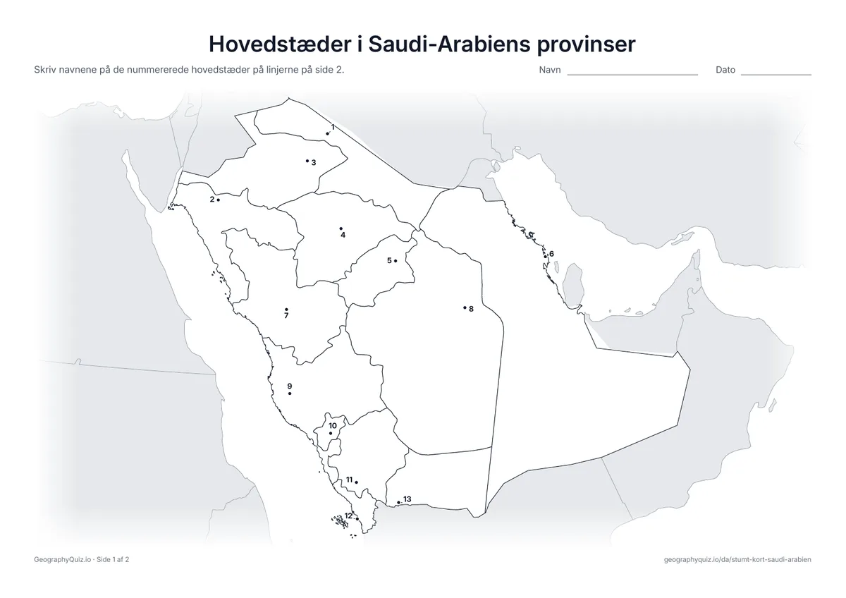 Forhåndsvisning af arbejdsarket »Hovedstæder i Saudi-Arabiens provinser« til udskrift: Hver hovedstad er markeret med et nummereret punkt