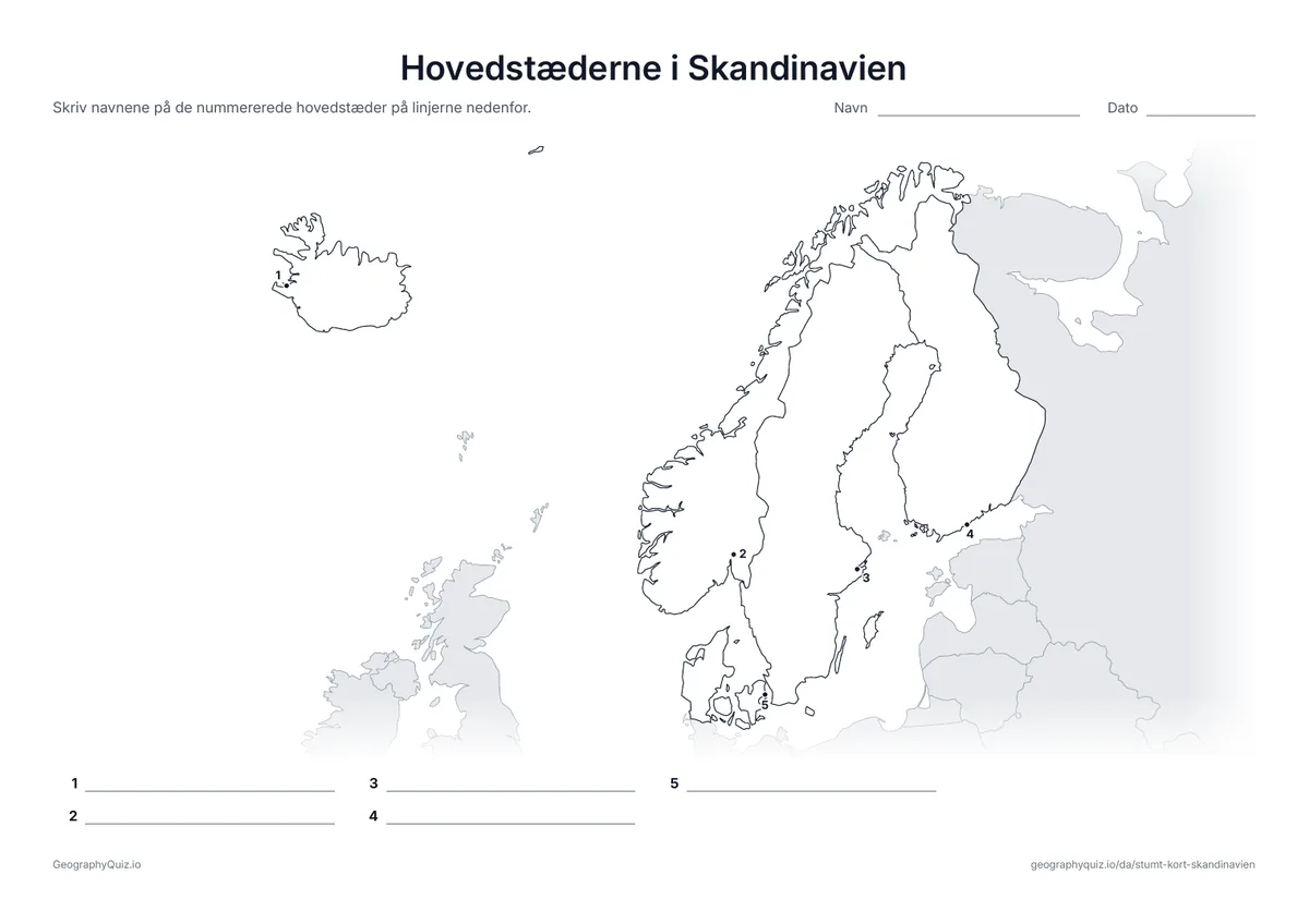 Forhåndsvisning af arbejdsarket »Hovedstæderne i Skandinavien« til udskrift: Hver hovedstad er markeret med et nummereret punkt