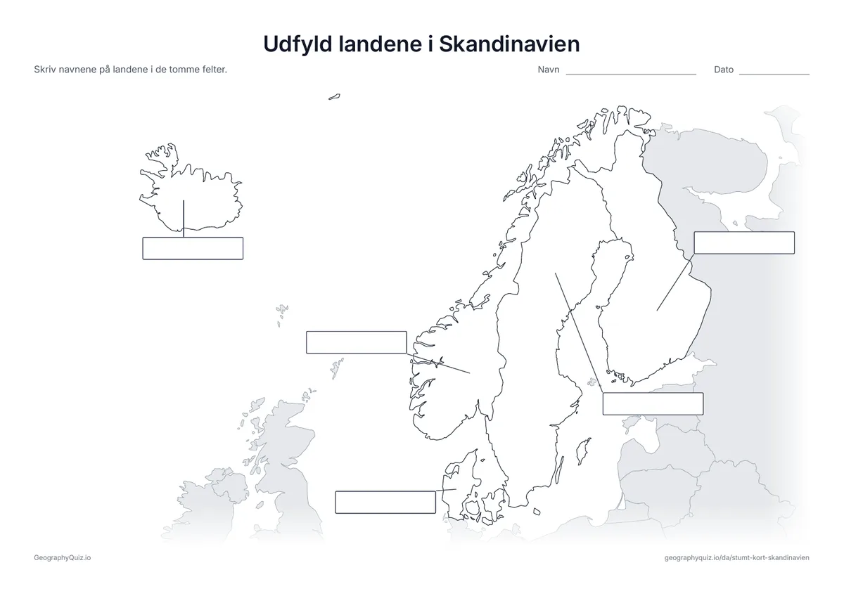 Forhåndsvisning af arbejdsarket »Udfyld landene i Skandinavien« til udskrift: Alle fem lande er forbundet med en streg til hvert sit tomme svarfelt, som på arket »Udfyld verdensdelene« blandt verdenskortene