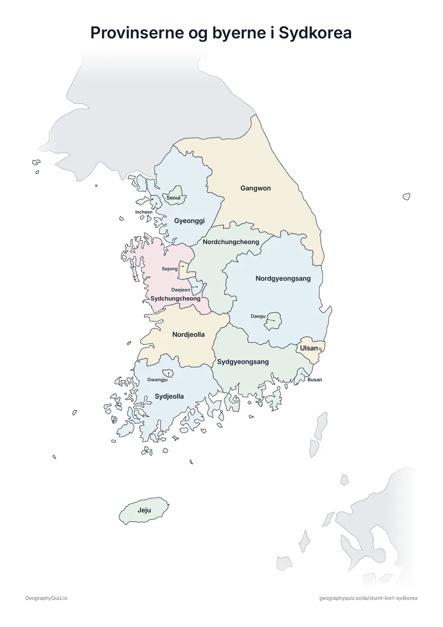 Forhåndsvisning af arbejdsarket »Provinserne og byerne i Sydkorea« til udskrift: Et kort over Sydkorea med alle navnene skrevet på – et oversigtsark til undervisningen og til at rette svarene